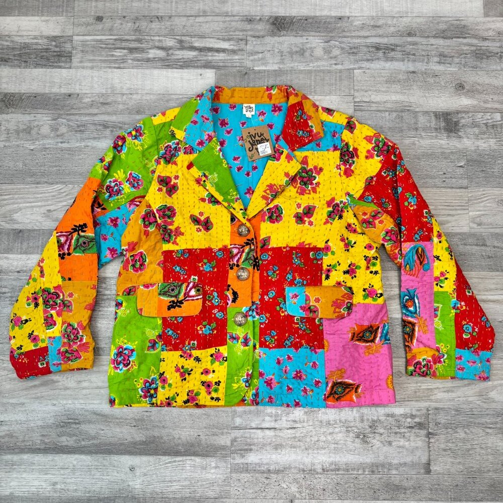 Ivy Jane NWT Kantha stitched colorful patchwork blazer size large